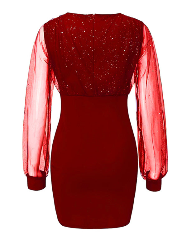 Mesh V-neck sequined long-sleeved dress slim dress for women