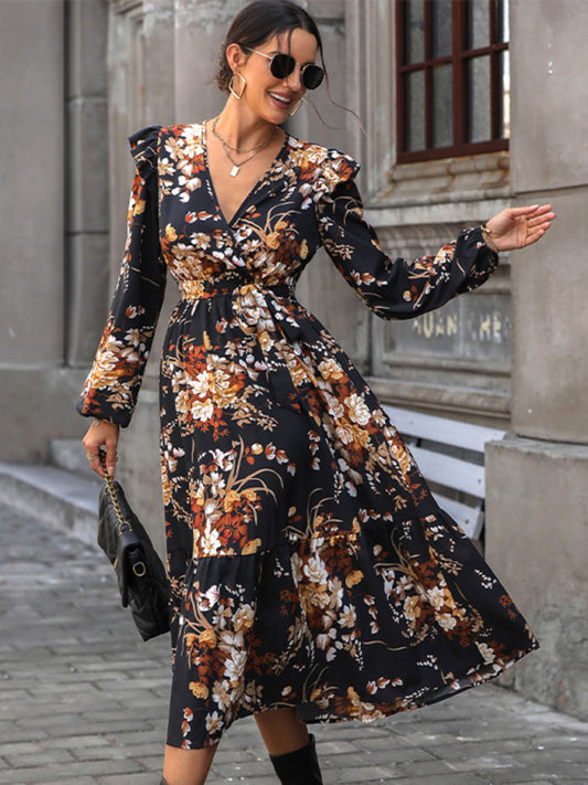 Women's Ruffle Belt Printed Autumn Dress