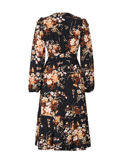 Women's Ruffle Belt Printed Autumn Dress