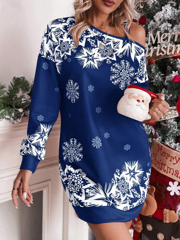 Women's Christmas printed off-shoulder autumn and winter dress