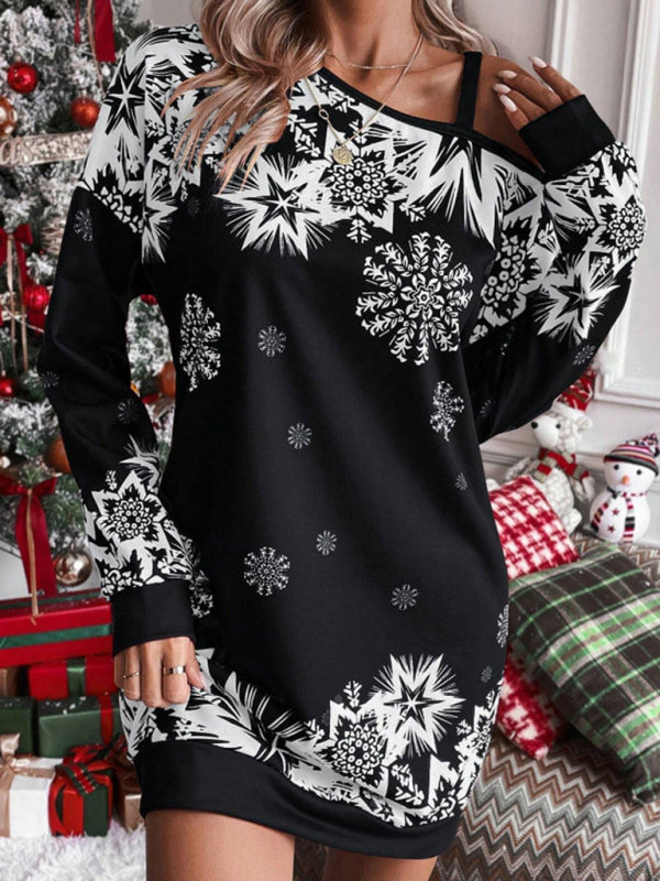 Women's Christmas printed off-shoulder autumn and winter dress