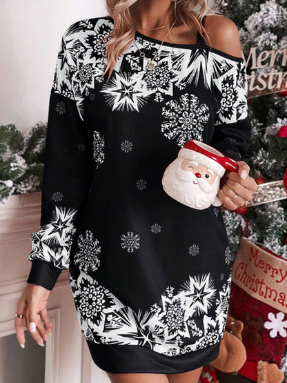 Women's Christmas printed off-shoulder autumn and winter dress