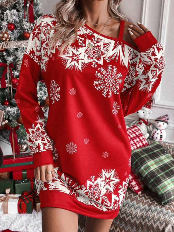 Women's Christmas printed off-shoulder autumn and winter dress