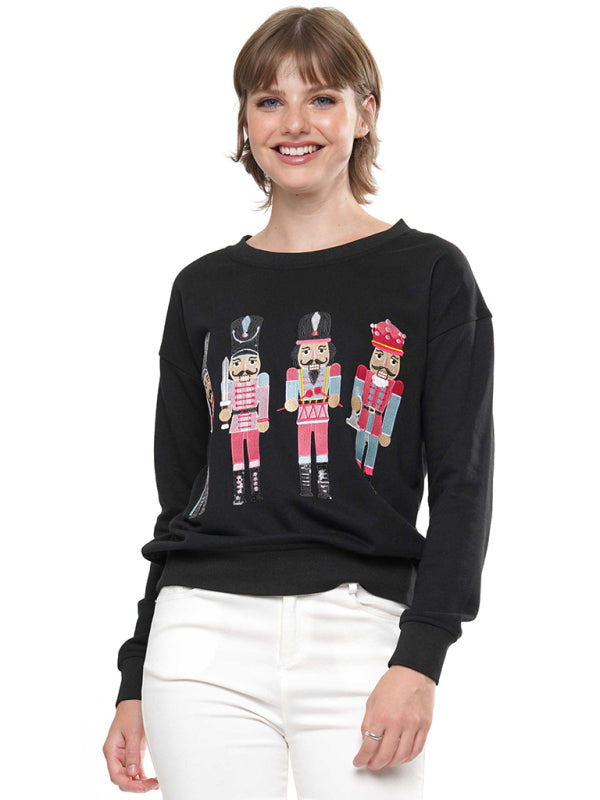 Christmas element top round neck pullover embroidered sequined sweatshirt