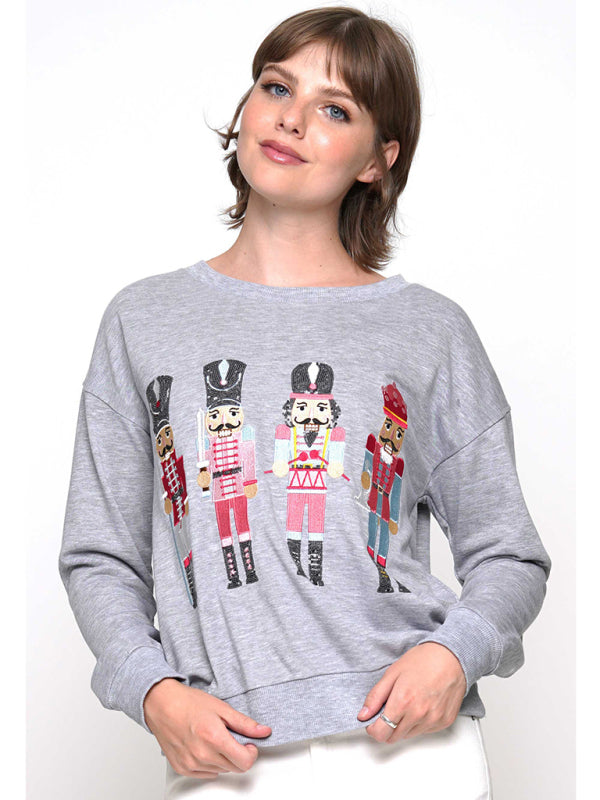 Christmas element top round neck pullover embroidered sequined sweatshirt