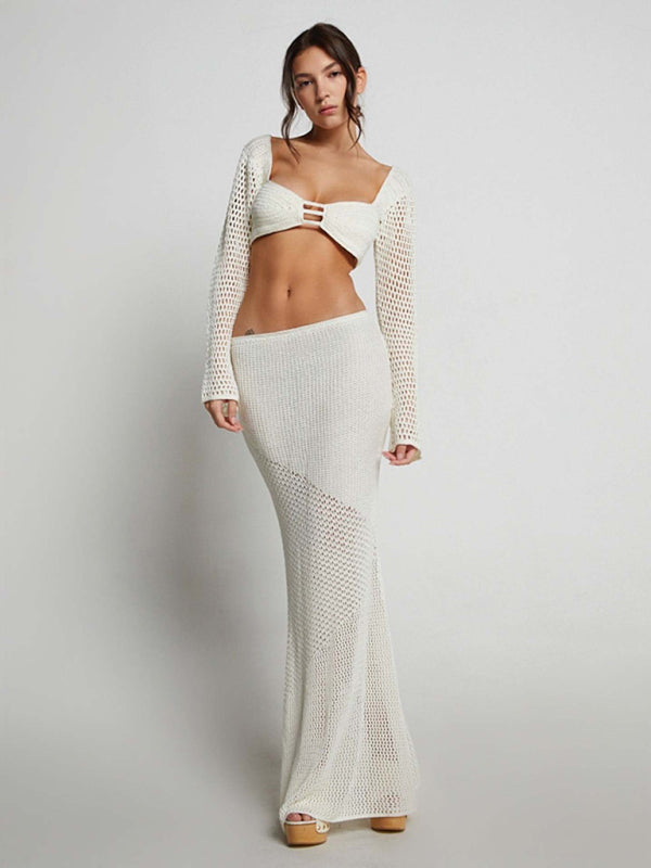 Women's Knitted Long Sleeve Maxi Skirt Set