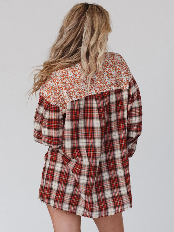 Women's round neck plaid printed loose long sleeve top