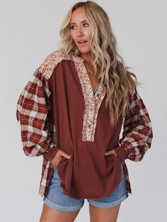 Women's round neck plaid printed loose long sleeve top