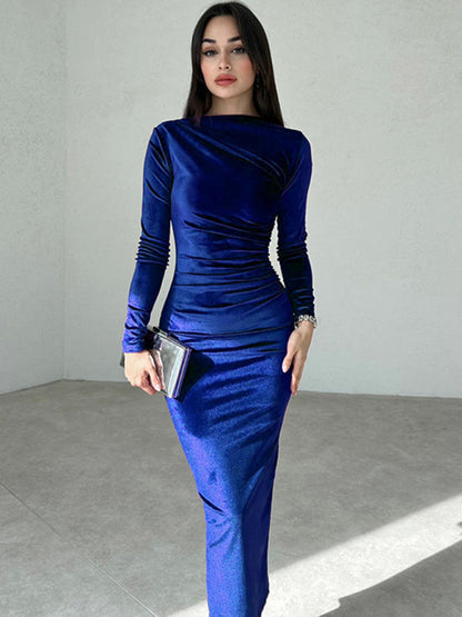 Women's New Fashion Solid Color Slim Fit Pleated Round Neck Long Sleeve Dress