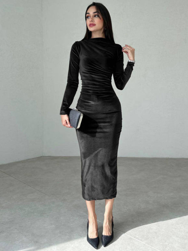 Women's New Fashion Solid Color Slim Fit Pleated Round Neck Long Sleeve Dress