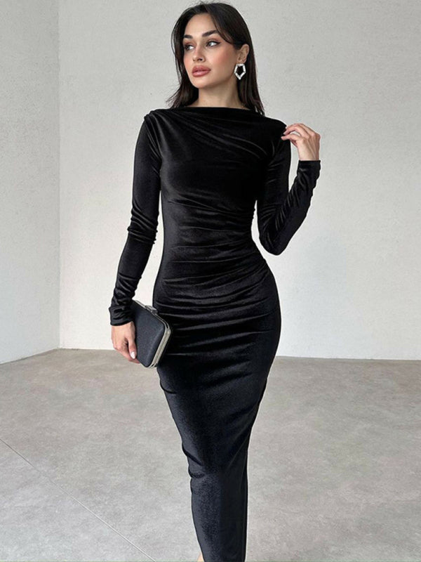 Women's New Fashion Solid Color Slim Fit Pleated Round Neck Long Sleeve Dress