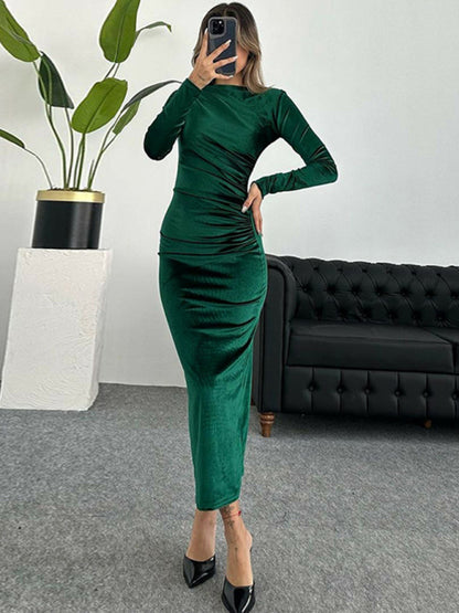 Women's New Fashion Solid Color Slim Fit Pleated Round Neck Long Sleeve Dress