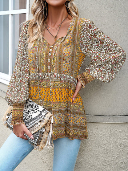 Women's positioning printed button bohemian top