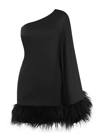 Women's sexy one-shoulder furry hem cape dress