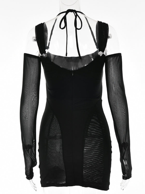 New sexy suspender backless see-through long-sleeved hip-covering dress (including sleeves)