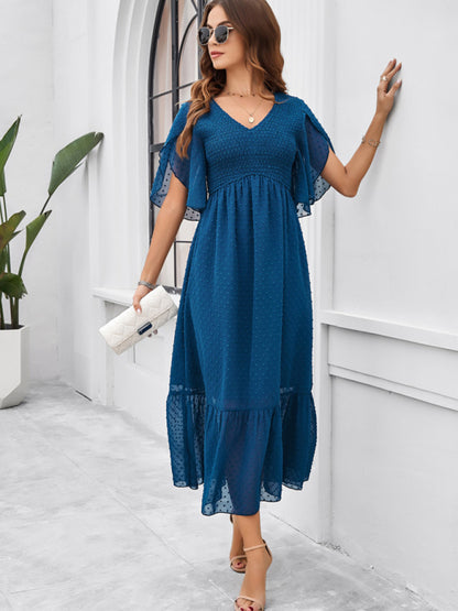 Women's elegant solid color V-neck dress