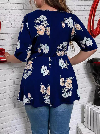 Chemise en dentelle à col en V imprimée pour femmes de grande taille 