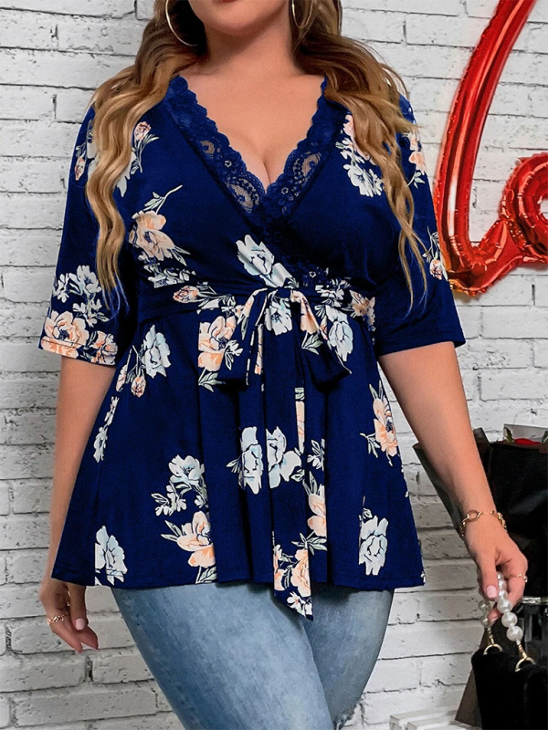 Chemise en dentelle à col en V imprimée pour femmes de grande taille 