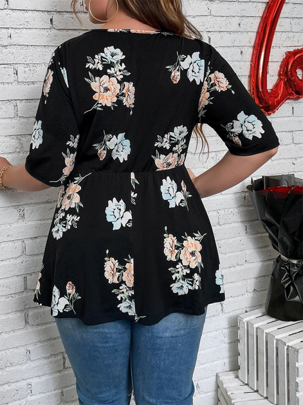 Chemise en dentelle à col en V imprimée pour femmes de grande taille 