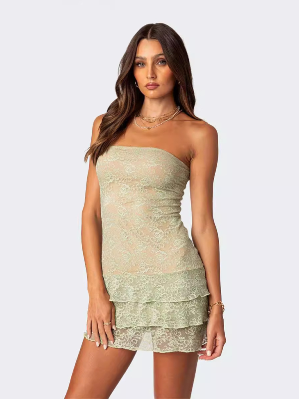 Ladies new sexy tube top lace ruffled mini skirt