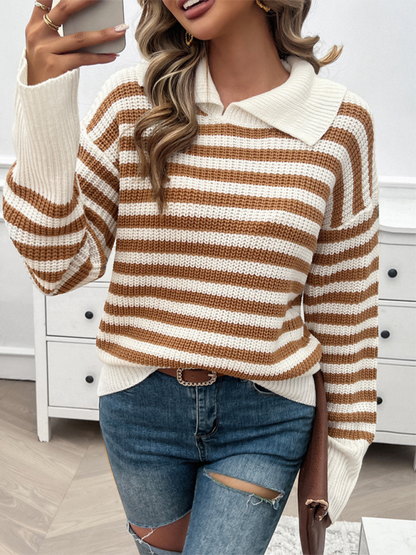 Women's Casual Loose Lapel Striped Long Sleeve Sweater