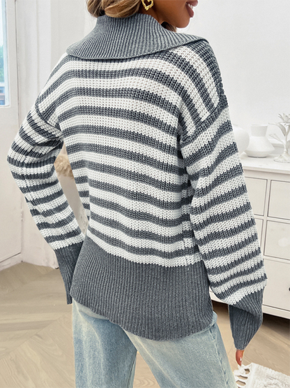 Women's Casual Loose Lapel Striped Long Sleeve Sweater