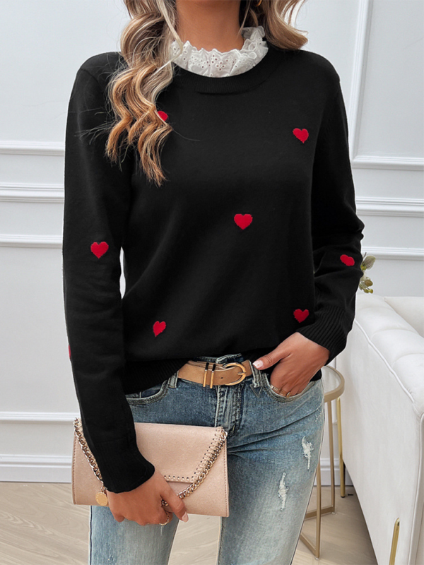 Women's Temperament Casual Embroidered Love Heart Long Sleeve Sweater