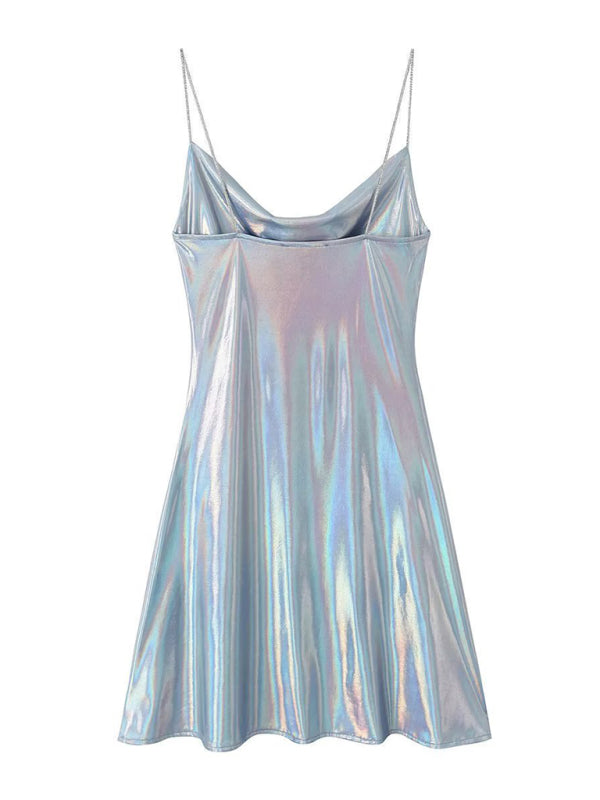 Low-cut backless metallic suspender dress