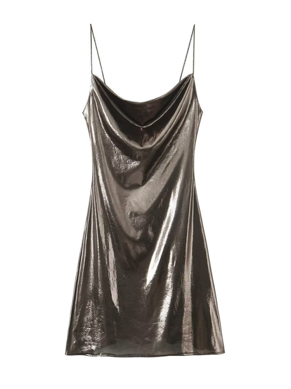 Low-cut backless metallic suspender dress