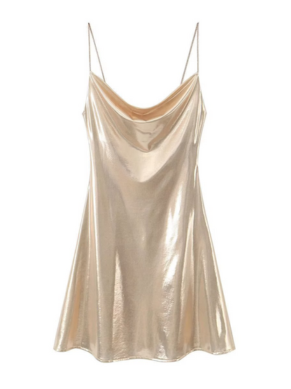 Low-cut backless metallic suspender dress