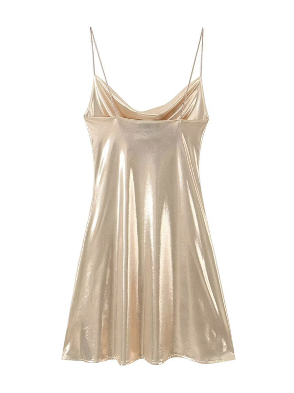 Low-cut backless metallic suspender dress