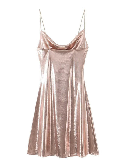 Low-cut backless metallic suspender dress