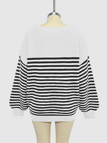 Fashion striped color block knitted long sleeve round neck sweater