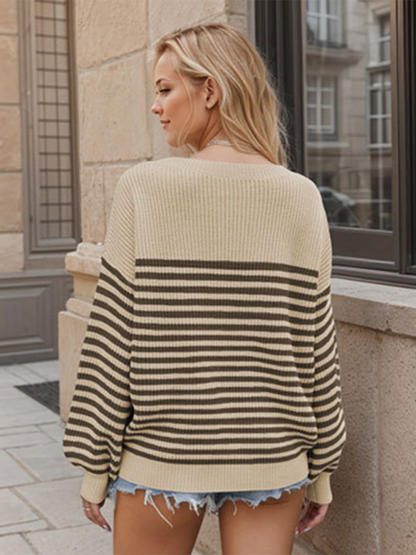 Fashion striped color block knitted long sleeve round neck sweater