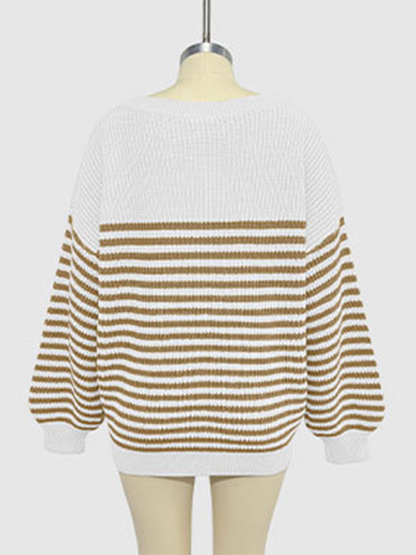 Fashion striped color block knitted long sleeve round neck sweater