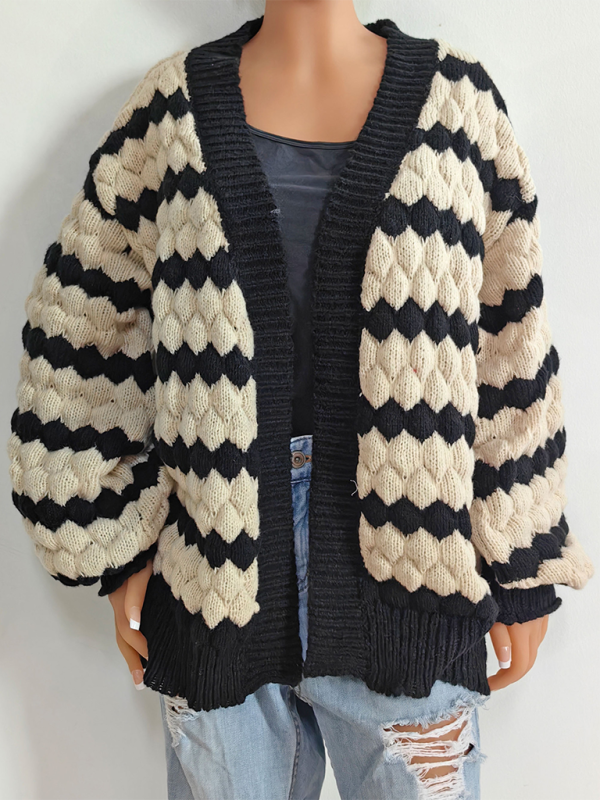 Women's Pineapple Cubic Color Blocking Striped Sweater Cardigan