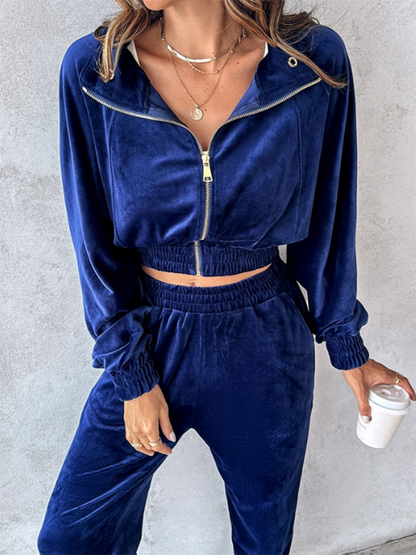 Solid color leisure sports gold velvet long-sleeved pants suit