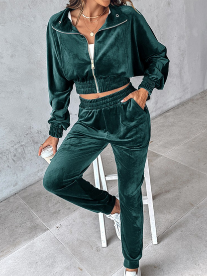 Solid color leisure sports gold velvet long-sleeved pants suit