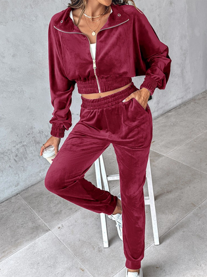 Solid color leisure sports gold velvet long-sleeved pants suit