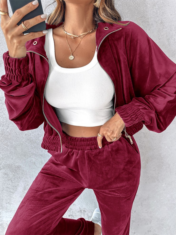 Solid color leisure sports gold velvet long-sleeved pants suit