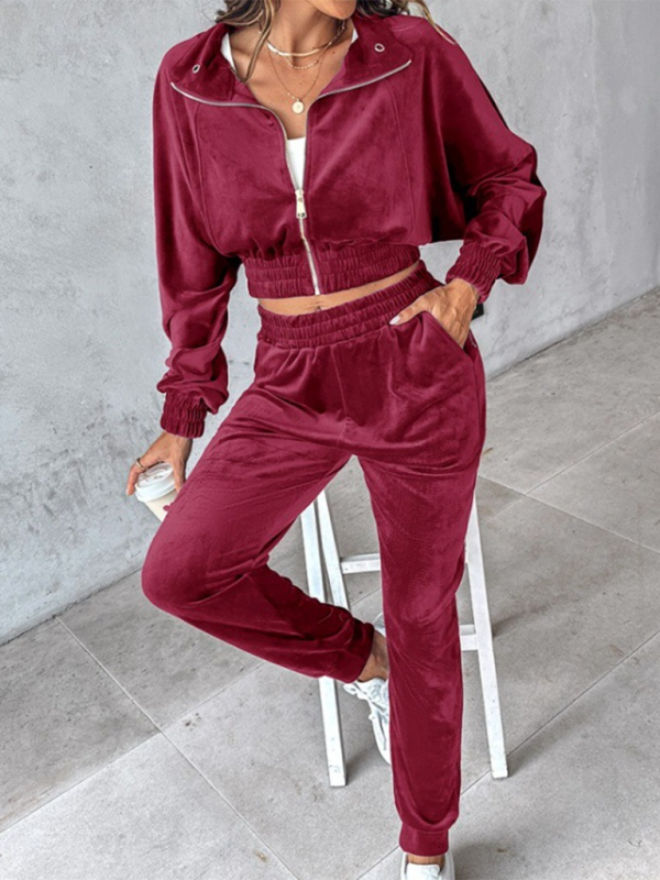 Solid color leisure sports gold velvet long-sleeved pants suit