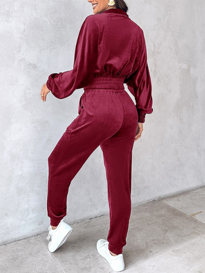 Solid color leisure sports gold velvet long-sleeved pants suit