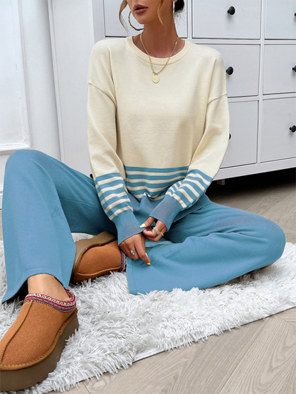 Casual Loose Clashing Color Straight Pants Sweater Set