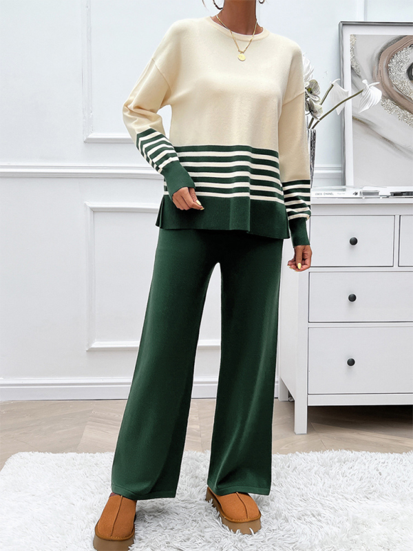 Casual Loose Clashing Color Straight Pants Sweater Set