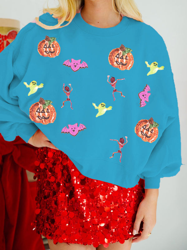 Sweat-shirt ample à manches longues et col rond pour femme avec paillettes multicolores pour Halloween 