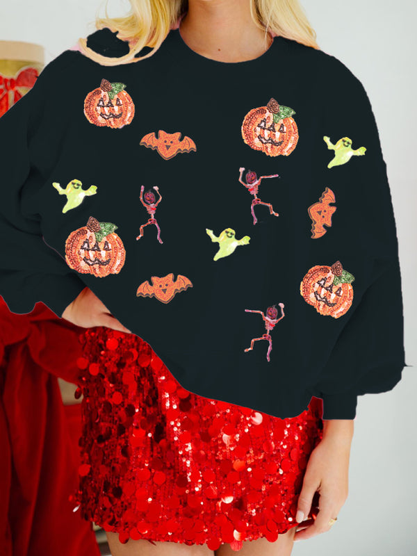 Sweat-shirt ample à manches longues et col rond pour femme avec paillettes multicolores pour Halloween 