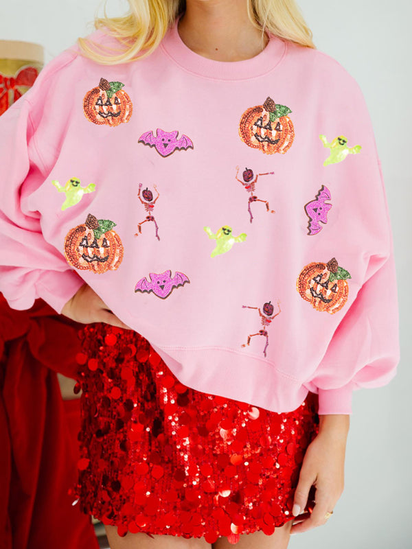 Sweat-shirt ample à manches longues et col rond pour femme avec paillettes multicolores pour Halloween 