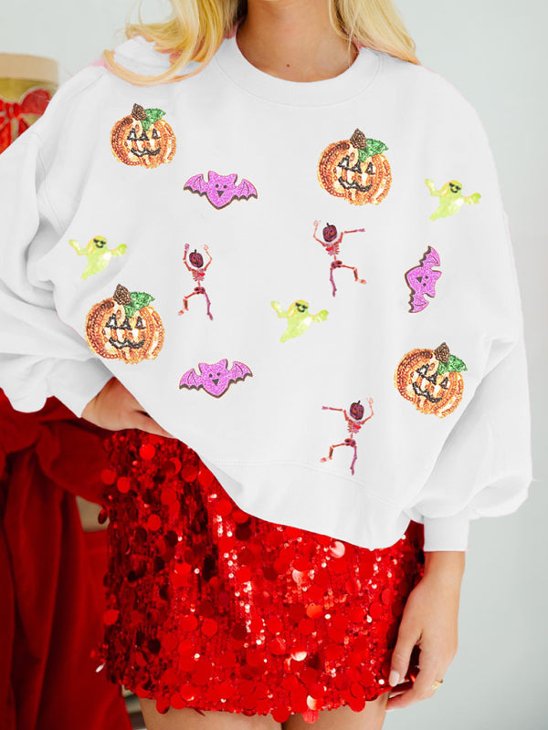 Sweat-shirt ample à manches longues et col rond pour femme avec paillettes multicolores pour Halloween 