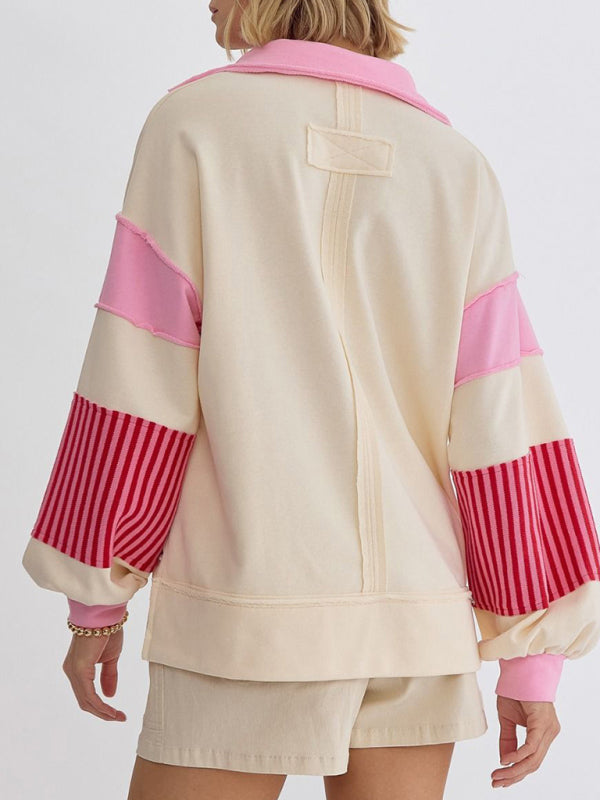 Women's Sweatshirt OversizedPolo Neck Striped Colorblocking Top