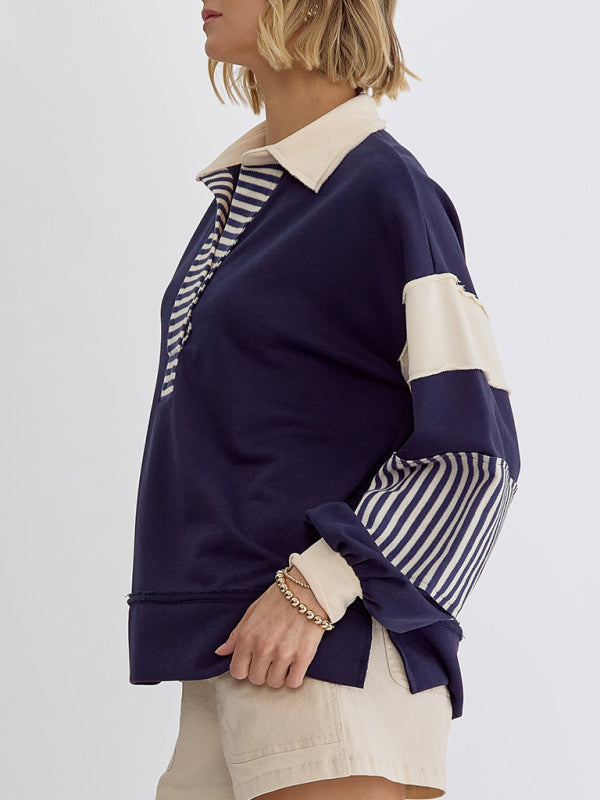 Women's Sweatshirt OversizedPolo Neck Striped Colorblocking Top